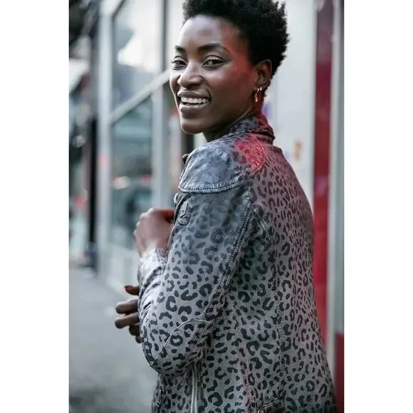 New Mauritius Vicki Leopard Print Leather Moto Jacket $350 Size 10